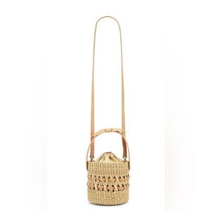 Woven Bucket Crossbody Bag with Leather Strap - Tan